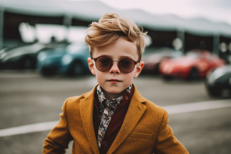 portrait of a little boy in a coat and sunglasses on the streetの素材