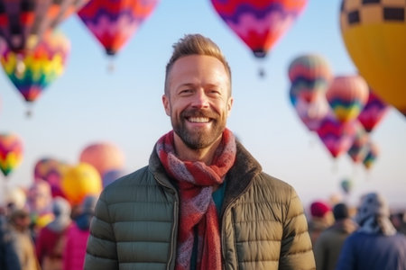 Handsome bearded man in warm clothing and scarf on the background of hot air balloonsの素材