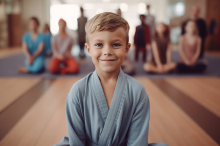 Portrait of smiling boy sitting on yoga mat during group yoga classの素材