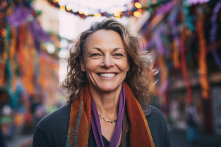 Portrait of smiling middle aged woman with scarf in the city streetの素材