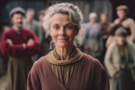 Portrait of senior woman with arms crossed standing in front of peopleの素材