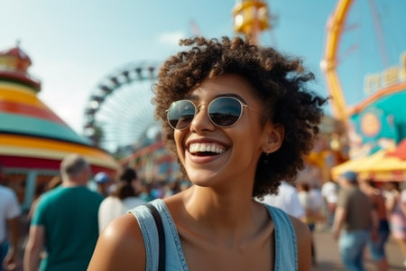 Close up portrait of a smiling young african american woman with afro hairstyle and sunglasses in amusement parkの素材