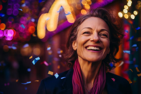 Portrait of beautiful woman with confetti in the city at Christmas timeの素材