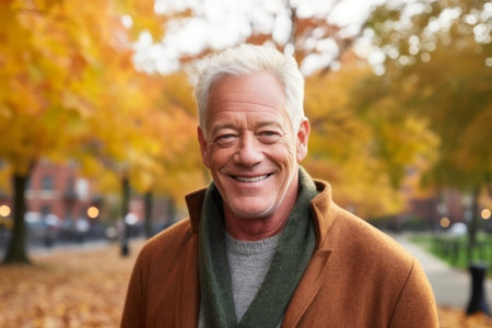 Portrait of a senior man smiling in the park at autumn timeの素材