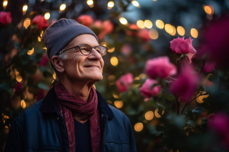 Portrait of a smiling senior man with glasses standing in front of rose garden.の素材