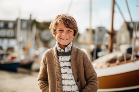 Portrait of a smiling little boy standing in front of a boatの素材