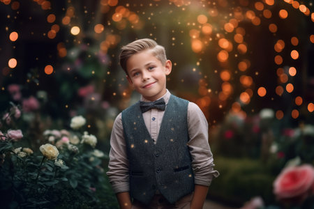 Portrait of a boy in a shirt and bow tie on a background of flowers.の素材
