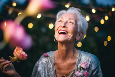 Portrait of happy senior woman with flowers in her hands on Christmas lights backgroundの素材