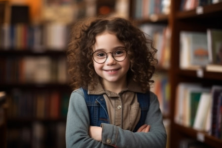 Portrait of smiling little girl in glasses looking at camera in libraryの素材