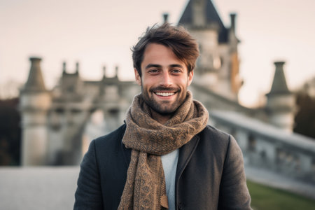 Portrait of handsome young man wearing coat and scarf standing outdoors.の素材