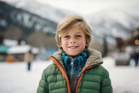 Portrait of a cute little boy on the background of snow-capped mountainsの素材