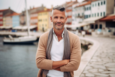 Handsome middle-aged man in casual clothes standing with arms crossed and looking at camera with smile while standing in front of yachts in the harborの素材