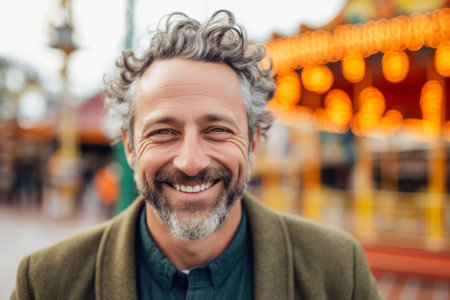 Portrait of handsome middle-aged man with gray hair and beard smiling at camera in amusement parkの素材