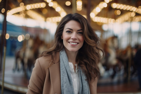 Portrait of a beautiful young woman in a beige coat and gray scarf on the background of an amusement park.の素材