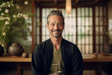 Portrait of a smiling senior man wearing a kimono at a Japanese restaurantの素材