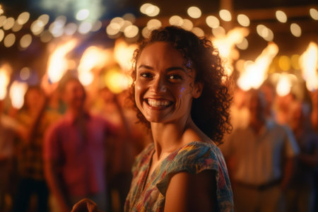Portrait of happy young woman dancing at music festival in front of crowdの素材