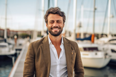 Handsome young man in casual clothes is smiling and looking at camera while standing near yachts on pierの素材