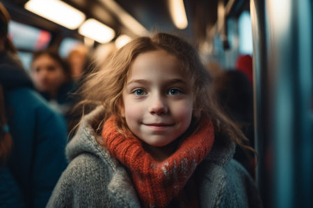 Portrait of a cute little girl in a train. The child is looking at the camera.の素材