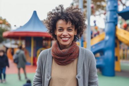 smiling african american woman in scarf and sweater on playgroundの素材