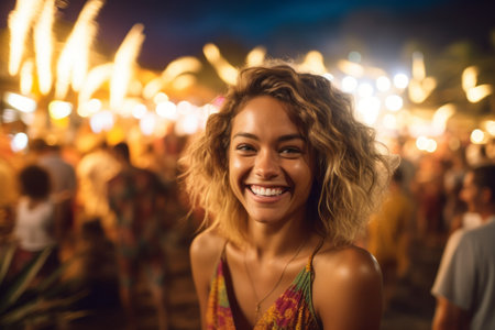 Portrait of a smiling young woman with curly hair at the beach at nightの素材