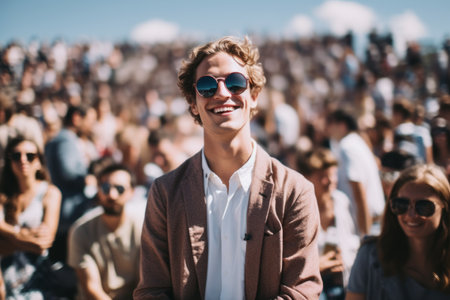 Young man in coat and sunglasses standing in crowd of people at music festivalの素材