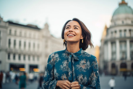 Portrait of a smiling young woman walking in the streets of Budapest, Hungaryの素材