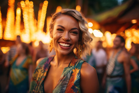 Portrait of a beautiful young woman smiling at the camera while standing in front of a partyの素材