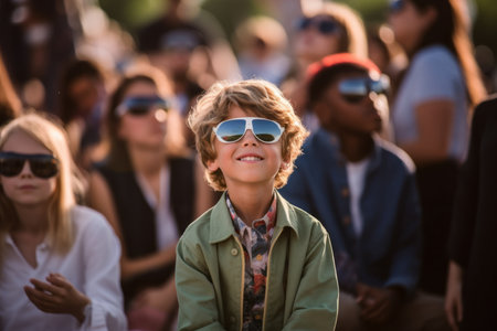 Portrait of a boy in sunglasses on the background of the crowdの素材