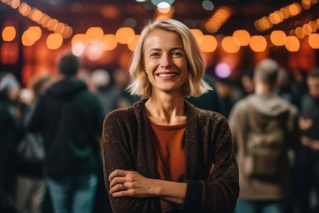 Portrait of a smiling woman in the city. Blurred background.の素材