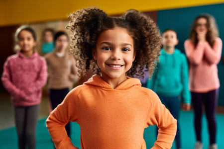 Portrait of smiling african american girl looking at camera in classroomの素材