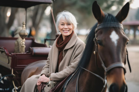 Portrait of smiling senior woman sitting in horse carriage and looking at cameraの素材
