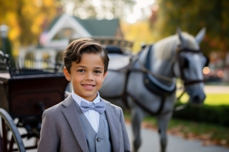 Portrait of a boy in a suit with a horse drawn carriageの素材