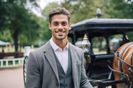 handsome young businessman smiling and looking at camera near drawn horse carriageの素材