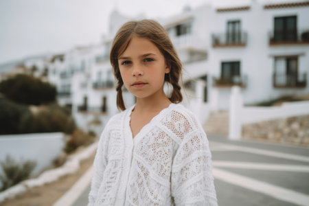 Portrait of a beautiful little girl in a white dress on the background of the seaの素材