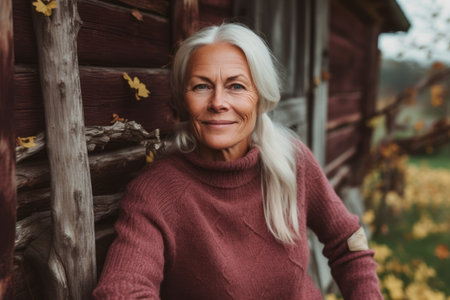 Beautiful smiling senior woman in a red sweater on a background of an old wooden houseの素材