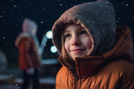 portrait of a little girl on a background of snowflakesの素材