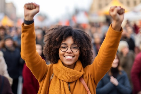 Close up portrait of a young black woman with afro hairstyle and glasses raising her hands on the streetの素材