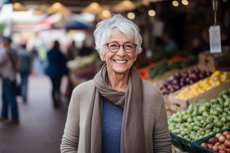 Portrait of smiling senior woman looking at camera while standing at marketの素材