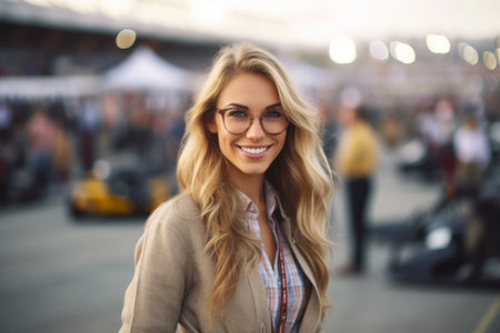 Portrait of a beautiful woman with long blonde hair and glasses in the city.の素材