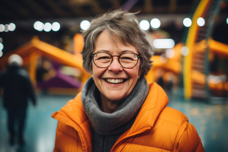 Portrait of senior woman with eyeglasses in amusement park.の素材