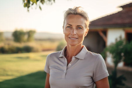 Portrait of smiling mature woman standing on golf course in sunny dayの素材