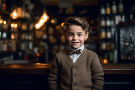 Little boy in a brown jacket and bow tie standing in a pubの素材