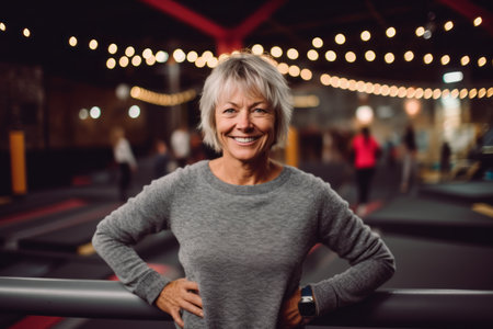 Portrait of smiling senior woman standing on treadmill in fitness center.の素材