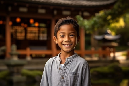 Portrait of Asian boy smiling and looking at camera in a Japanese templeの素材