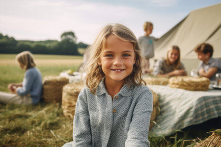 Cute little girl sitting on hay bale in field with friendsの素材
