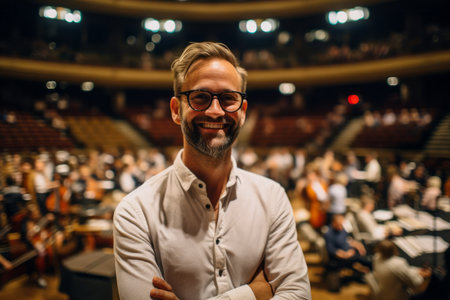 Portrait of a handsome man with glasses and a beard in a conference hallの素材