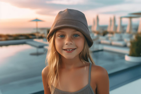 portrait of smiling little girl in hat looking at camera on rooftopの素材