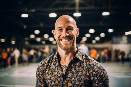 Portrait of a handsome young man smiling at the camera while standing in an exhibition hallの素材