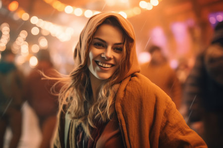 Beautiful young woman in a coat walking in the city at nightの素材