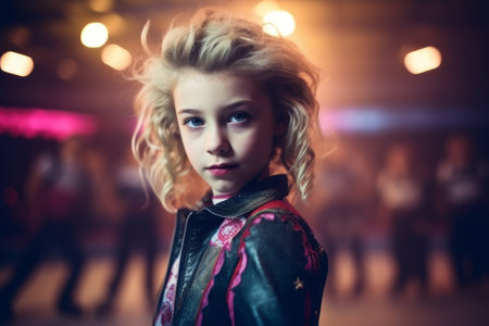 Portrait of a cute little girl with blonde hair in a black jacket.の素材